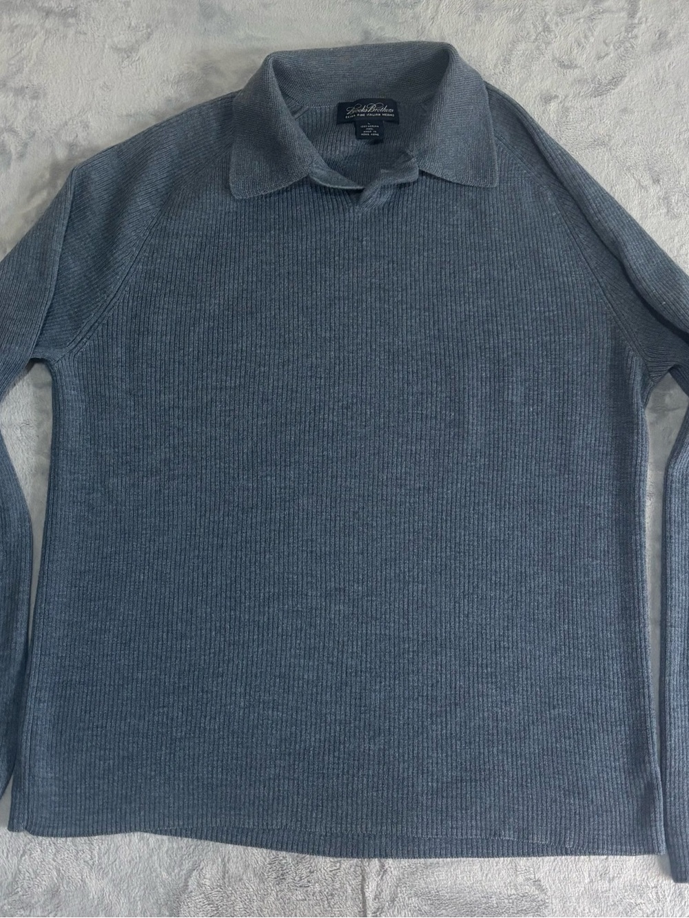 Brooks Brothers Italian Merino Wool Polo Collar Ribbed Sweater Gray Blue L